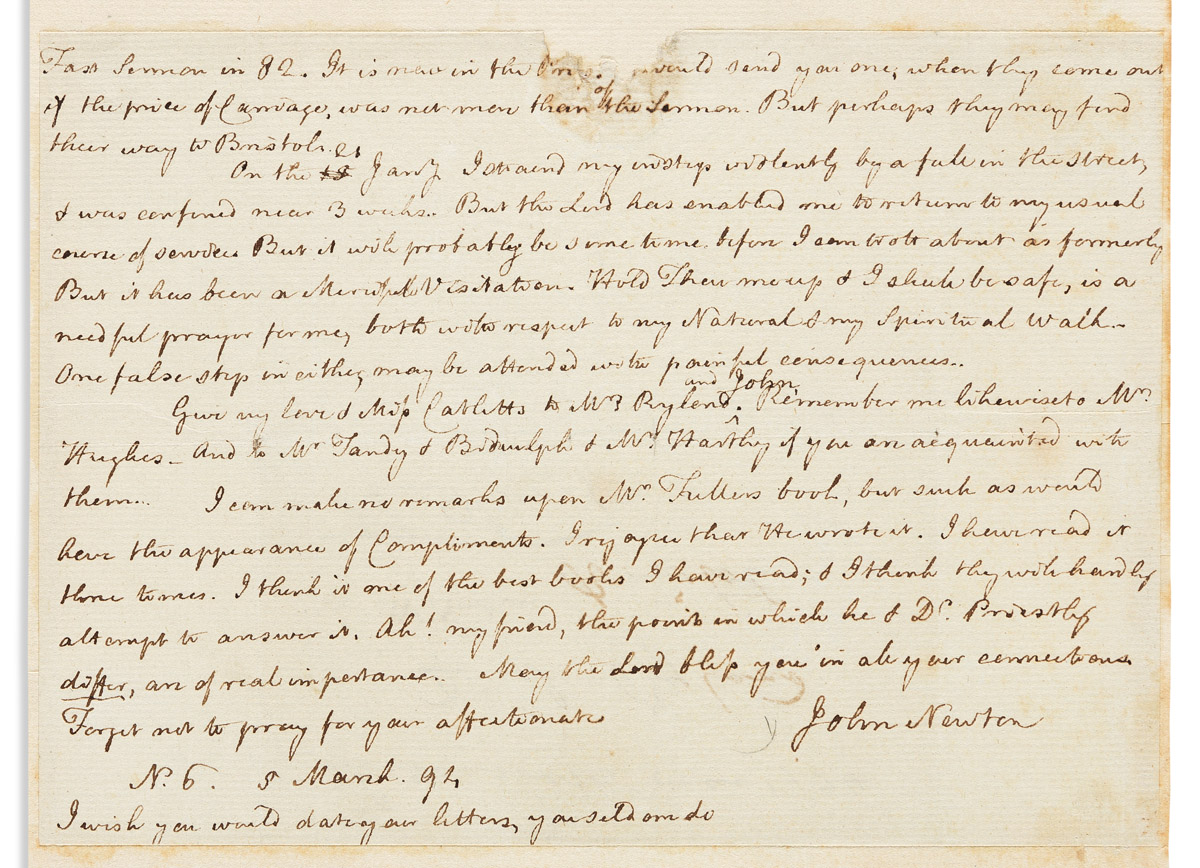 NEWTON, JOHN. Autograph Letter Signed, to Baptist minister John Ryland (lacking salutation),
